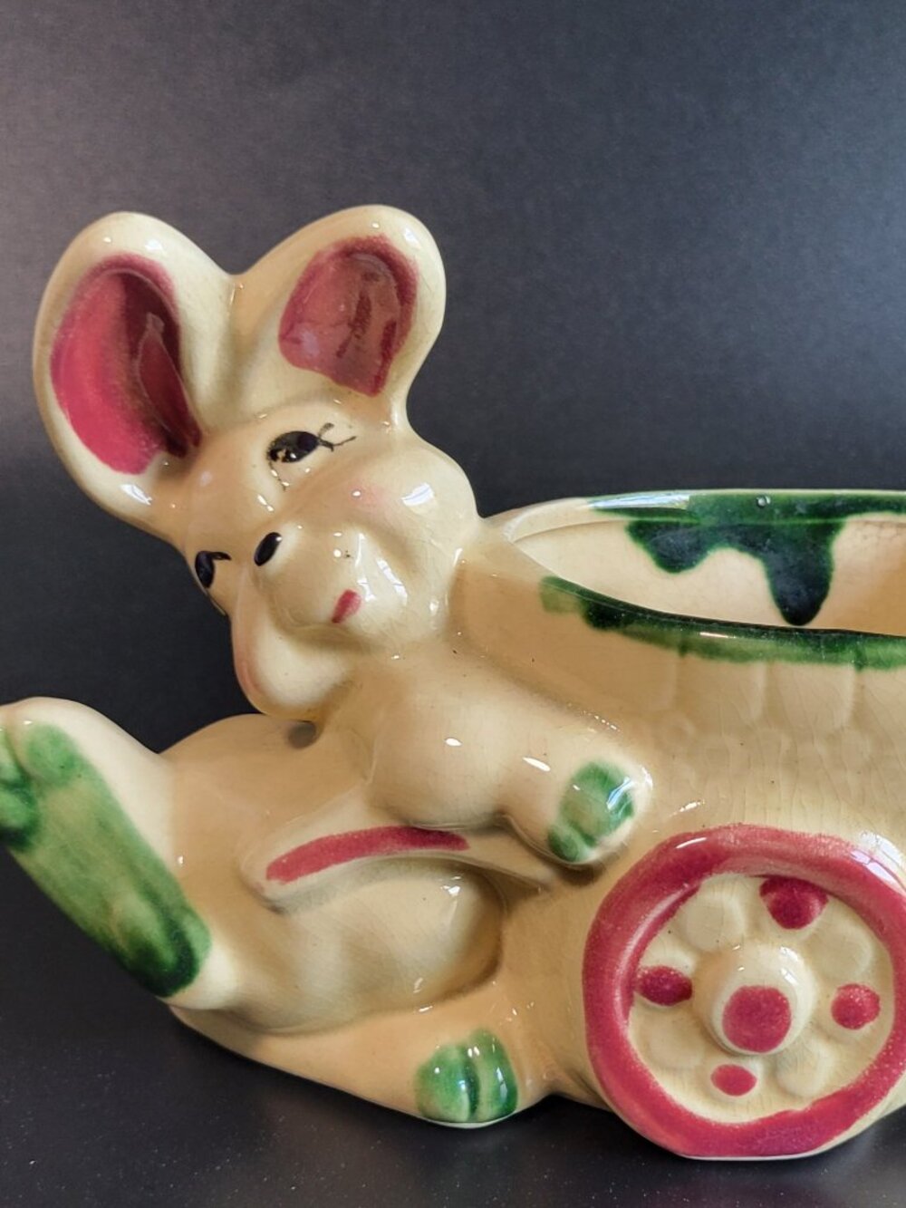 Vintage mid-century ceramic bunny rabbit pushing a cart planter